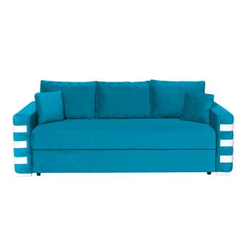 Canapea LIMA extensibila, 3 locuri, cu arcuri si lada depozitare, turcoaz + ornamente alb, 230x110x80 cm