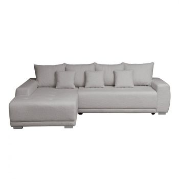 Coltar MARIBO BUCLE extensibil, cu arcuri si lada depozitare, colt stanga, gri cu nuante roz, 282x205x92 cm