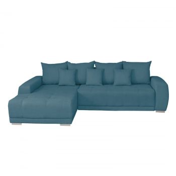 Coltar MARIBO II extensibil, cu arcuri si lada depozitare, colt stanga, turcoaz, 282x205x92 cm