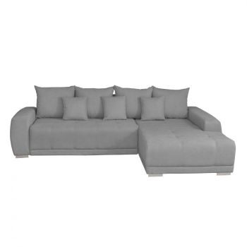 Coltar MARIBO II extensibil, cu arcuri si lada depozitare, colt dreapta, gri deschis, 282x205x92 cm