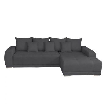 Coltar MARIBO II extensibil, cu arcuri si lada depozitare, colt dreapta, gri inchis, 282x205x92 cm