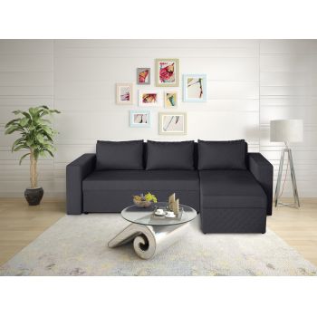 Coltar extensibil reversibil Napoli Negru, cu lada de depozitare, 247x148x78 cm