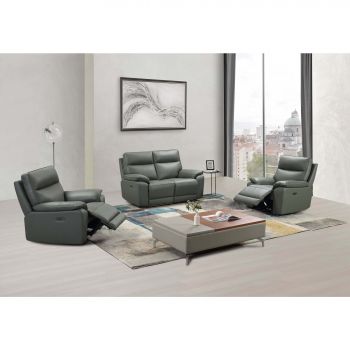 Set Recliner Electric Klause, 2L+1L+1L, Canapea 2L - 151x93x101 cm, Fotoliu 101x93x101 cm, Piele Naturala, Grey-Blue
