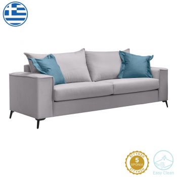 Canapea cu 3 locuri Verona pakoworld din material Gri deschis cu perne albastre 225x93x100cm 93x225