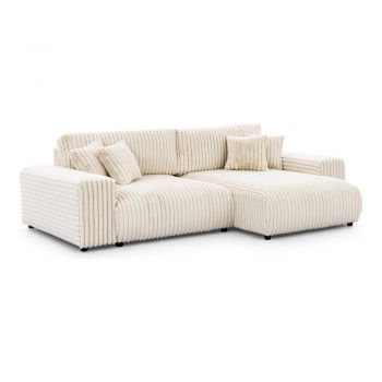 Colțar crem extensibil, cu spațiu de depozitare, cu tapițerie din catifea reiată (cu colț pe partea dreaptă) Sarina – Ropez