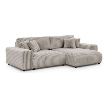 Colțar gri deschis extensibil, cu spațiu de depozitare, cu tapițerie din catifea reiată (cu colț pe partea dreaptă) Sarina – Ropez