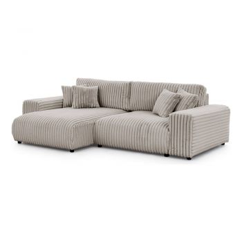 Colțar gri deschis extensibil, cu spațiu de depozitare, cu tapițerie din catifea reiată (cu colț pe partea stângă) Sarina – Ropez
