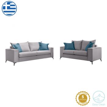 Set canapea Verona din 2 piese, din material Gri deschis cu perne albastre 93x173