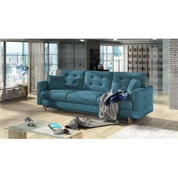Canapea extensibila 3 locuri ELTAP, Ask05, Asgard, 233x92x93 cm, lemn/poliester, albastru