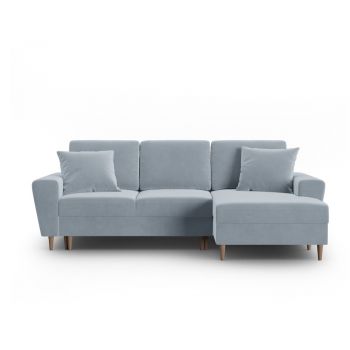 Colțar albastru deschis extensibil, cu spațiu de depozitare cu tapițerie din catifea (cu colț pe partea dreaptă, cu șezlong) Kyoto – Cosmopolitan Design