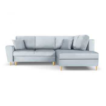 Colțar albastru deschis extensibil, cu spațiu de depozitare cu tapițerie din catifea (cu colț pe partea dreaptă, în formă de ”L”) Kyoto – Cosmopolitan Design