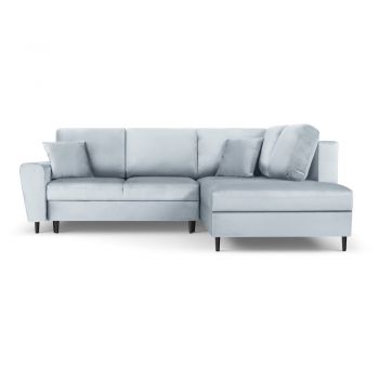 Colțar albastru deschis extensibil, cu spațiu de depozitare cu tapițerie din catifea (cu colț pe partea dreaptă, în formă de ”L”) Kyoto – Cosmopolitan Design