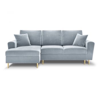 Colțar albastru deschis extensibil, cu spațiu de depozitare cu tapițerie din catifea (cu colț pe partea stângă, cu șezlong) Kyoto – Cosmopolitan Design