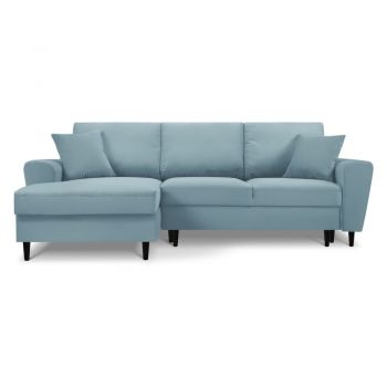 Colțar albastru deschis extensibil, cu spațiu de depozitare cu tapițerie din catifea reiată (cu colț pe partea stângă, cu șezlong) Kyoto – Cosmopolitan Design