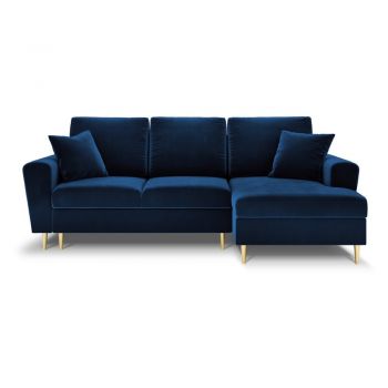Colțar albastru extensibil, cu spațiu de depozitare cu tapițerie din catifea (cu colț pe partea dreaptă, cu șezlong) Kyoto – Cosmopolitan Design