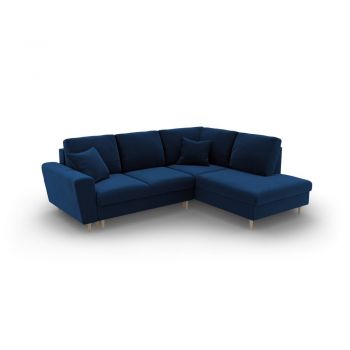 Colțar albastru extensibil, cu spațiu de depozitare cu tapițerie din catifea (cu colț pe partea dreaptă-în formă de ”L”) Kyoto – Cosmopolitan Design