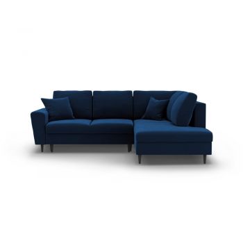 Colțar albastru extensibil, cu spațiu de depozitare cu tapițerie din catifea (cu colț pe partea dreaptă-în formă de ”L”) Kyoto – Cosmopolitan Design