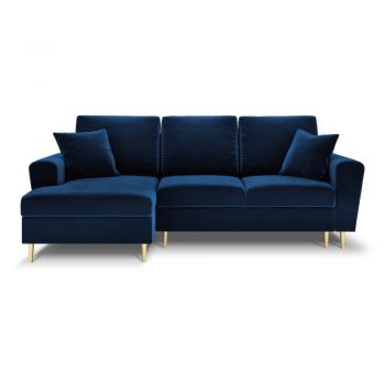Colțar albastru extensibil, cu spațiu de depozitare cu tapițerie din catifea (cu colț pe partea stângă, cu șezlong) Kyoto – Cosmopolitan Design