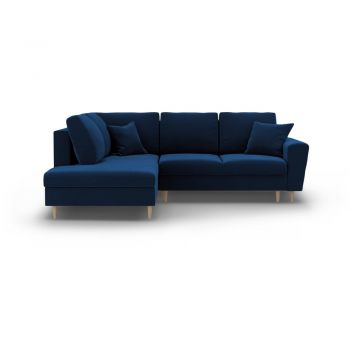 Colțar albastru extensibil, cu spațiu de depozitare cu tapițerie din catifea (cu colț pe partea stângă-în formă de ”L”) Kyoto – Cosmopolitan Design