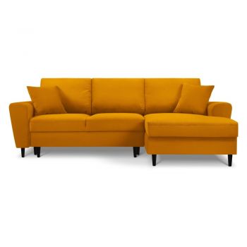 Colțar galben muștar extensibil, cu spațiu de depozitare cu tapițerie din catifea reiată (cu colț pe partea dreaptă, cu șezlong) Kyoto – Cosmopolitan Design