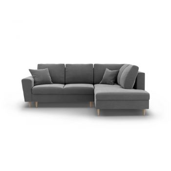 Colțar gri deschis extensibil, cu spațiu de depozitare cu tapițerie din catifea (cu colț pe partea dreaptă-în formă de ”L”) Kyoto – Cosmopolitan Design