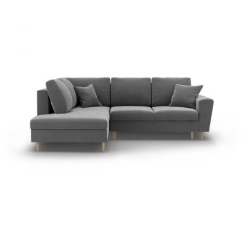 Colțar gri deschis extensibil, cu spațiu de depozitare cu tapițerie din catifea (cu colț pe partea stângă-în formă de ”L”) Kyoto – Cosmopolitan Design