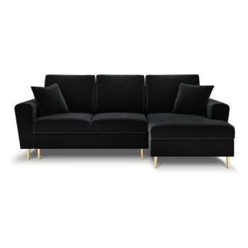 Colțar negru extensibil, cu spațiu de depozitare cu tapițerie din catifea (cu colț pe partea dreaptă, cu șezlong) Kyoto – Cosmopolitan Design