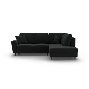 Colțar negru extensibil, cu spațiu de depozitare cu tapițerie din catifea (cu colț pe partea dreaptă-în formă de ”L”) Kyoto – Cosmopolitan Design