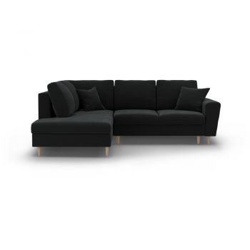 Colțar negru extensibil, cu spațiu de depozitare cu tapițerie din catifea (cu colț pe partea stângă-în formă de ”L”) Kyoto – Cosmopolitan Design