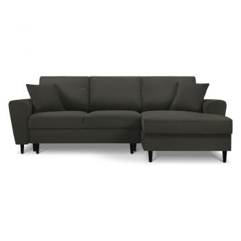 Colțar negru extensibil, cu spațiu de depozitare cu tapițerie din catifea reiată (cu colț pe partea dreaptă, cu șezlong) Kyoto – Cosmopolitan Design