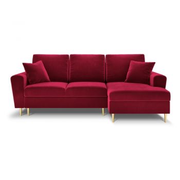 Colțar roșu extensibil, cu spațiu de depozitare cu tapițerie din catifea (cu colț pe partea dreaptă, cu șezlong) Kyoto – Cosmopolitan Design