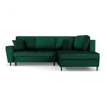 Colțar verde extensibil, cu spațiu de depozitare cu tapițerie din catifea (cu colț pe partea dreaptă, în formă de ”L”) Kyoto – Cosmopolitan Design