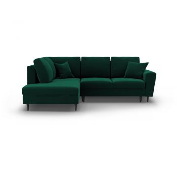 Colțar verde extensibil, cu spațiu de depozitare cu tapițerie din catifea (cu colț pe partea stângă-în formă de ”L”) Kyoto – Cosmopolitan Design