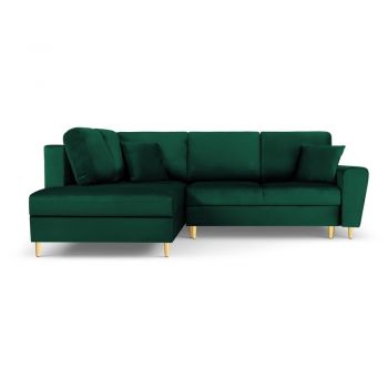 Colțar verde extensibil, cu spațiu de depozitare cu tapițerie din catifea (cu colț pe partea stângă, în formă de ”L”) Kyoto – Cosmopolitan Design