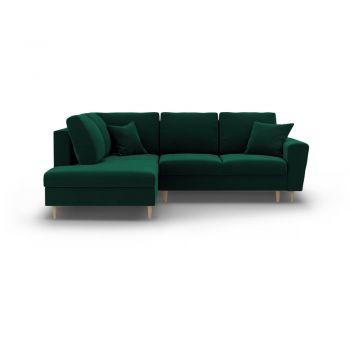 Colțar verde extensibil, cu spațiu de depozitare cu tapițerie din catifea (cu colț pe partea stângă-în formă de ”L”) Kyoto – Cosmopolitan Design