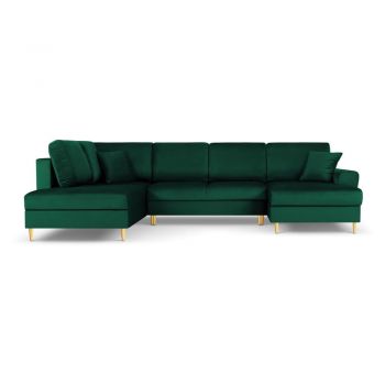 Colțar verde extensibil, cu spațiu de depozitare cu tapițerie din catifea (cu colț pe partea stângă, în formă de 