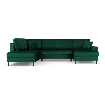 Colțar verde extensibil, cu spațiu de depozitare cu tapițerie din catifea (cu colț pe partea stângă, în formă de 