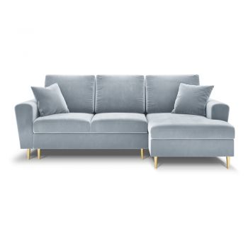 Colțar albastru deschis extensibil, cu spațiu de depozitare cu tapițerie din catifea (cu colț pe partea dreaptă, cu șezlong) Kyoto – Cosmopolitan Design