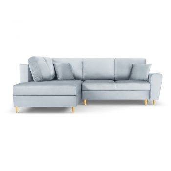 Colțar albastru deschis extensibil, cu spațiu de depozitare cu tapițerie din catifea (cu colț pe partea stângă, în formă de ”L”) Kyoto – Cosmopolitan Design
