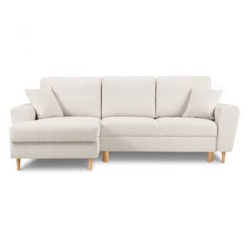 Colțar bej extensibil, cu spațiu de depozitare cu tapițerie din țesătură bouclé (cu colț pe partea stângă, cu șezlong) Kyoto – Cosmopolitan Design