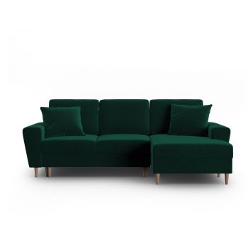 Colțar verde extensibil, cu spațiu de depozitare cu tapițerie din catifea (cu colț pe partea dreaptă, cu șezlong) Kyoto – Cosmopolitan Design