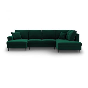 Colțar verde extensibil, cu spațiu de depozitare cu tapițerie din catifea (cu colț pe partea dreaptă-în formă de 
