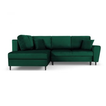 Colțar verde extensibil, cu spațiu de depozitare cu tapițerie din catifea (cu colț pe partea stângă, în formă de ”L”) Kyoto – Cosmopolitan Design