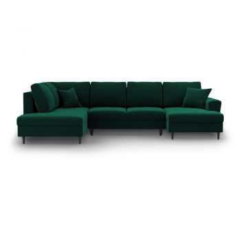 Colțar verde extensibil, cu spațiu de depozitare cu tapițerie din catifea (cu colț pe partea stângă-în formă de 