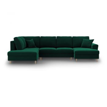 Colțar verde extensibil, cu spațiu de depozitare cu tapițerie din catifea (cu colț pe partea stângă-în formă de 