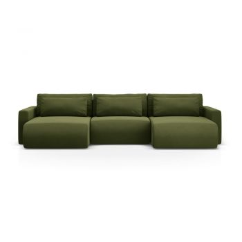 Colțar verde extensibil/cu spațiu de depozitare cu tapițerie din catifea (în formă de 