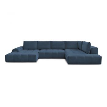 Colțar albastru închis extensibil/cu spațiu de depozitare cu tapițerie din chenille (cu colț pe partea dreaptă/în formă de 