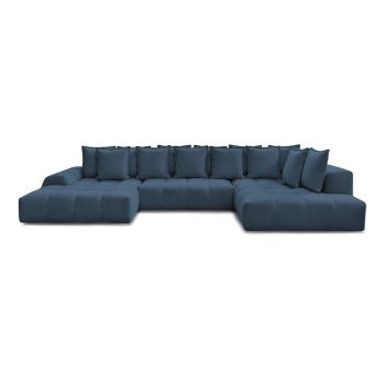 Colțar albastru închis extensibil/cu spațiu de depozitare cu tapițerie din chenille (cu colț pe partea dreaptă/în formă de 