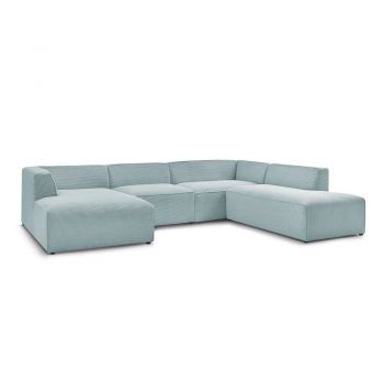 Colțar modular albastru deschis cu tapițerie din catifea reiată (cu colț pe partea dreaptă/în formă de 