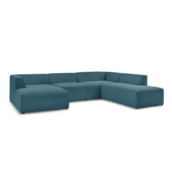 Colțar modular albastru închis cu tapițerie din catifea reiată (cu colț pe partea dreaptă/în formă de 